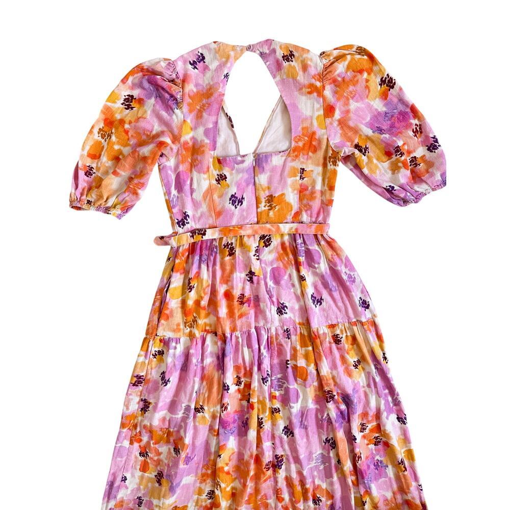 NICHOLAS Celie Floral Linen Blend Midi Dress Pink Orange Belted Size 8 - Picture 9 of 12